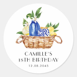 Pegatina Redonda Cumpleaños de la Canasta Mediterránea de Watercolo