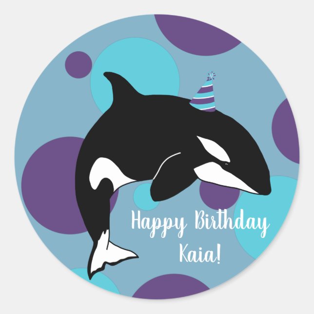 Pegatina Redonda Cumpleaños de la caza de ballenas asesina de Orca (Anverso)