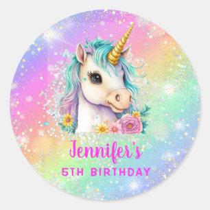 Pegatina Redonda Cumpleaños de la espuma arcoiris magra unicornio