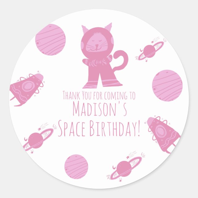 Pegatina Redonda Cumpleaños de la Galaxia Rosa del Gato Espacial (Anverso)