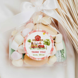 Pegatina Redonda Cumpleaños de la granja de tractores rojos