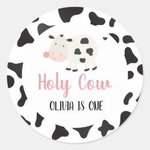Pegatina Redonda Cumpleaños de la impresión de vaca lechera rosa sa