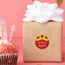 Pegatina Redonda Cumpleaños de la Madera Rústica del Girasol