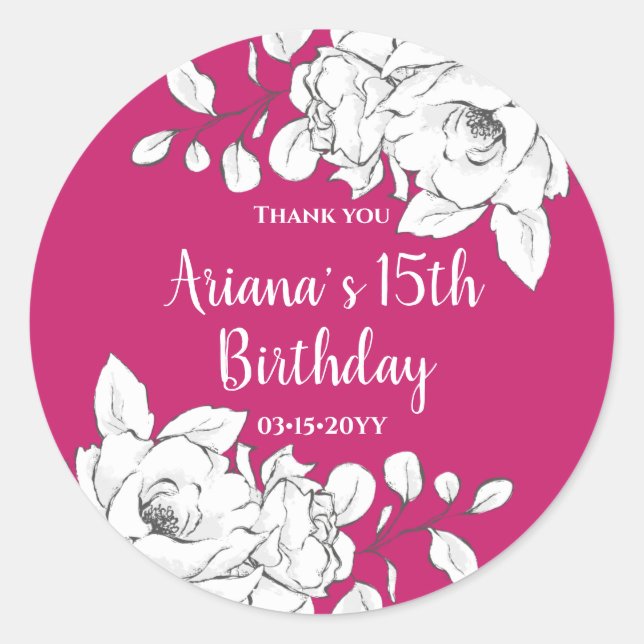 Pegatina Redonda Cumpleaños de la Magenta Floral Blanca (Anverso)