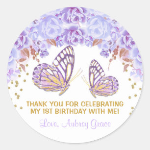 Pegatina Redonda Cumpleaños de la mariposa morada de oro