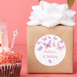 Pegatina Redonda Cumpleaños de la mariposa púrpura rosa
