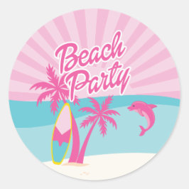Pegatina Redonda Cumpleaños de la palmera de playa rosa