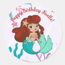 Pegatina Redonda Cumpleaños de la sirena bajo el mar