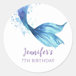 Pegatina Redonda Cumpleaños de la Sirena bajo los tonos morados del