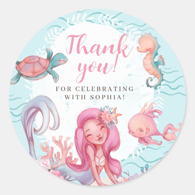 Pegatina Redonda Cumpleaños de la sirena mágica Fiesta (Anverso)