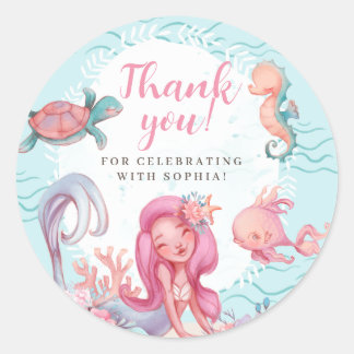 Pegatina Redonda Cumpleaños de la sirena mágica Fiesta