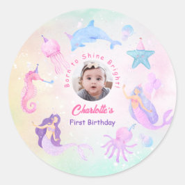 Pegatina Redonda Cumpleaños de la Sirena Submarina 1er año