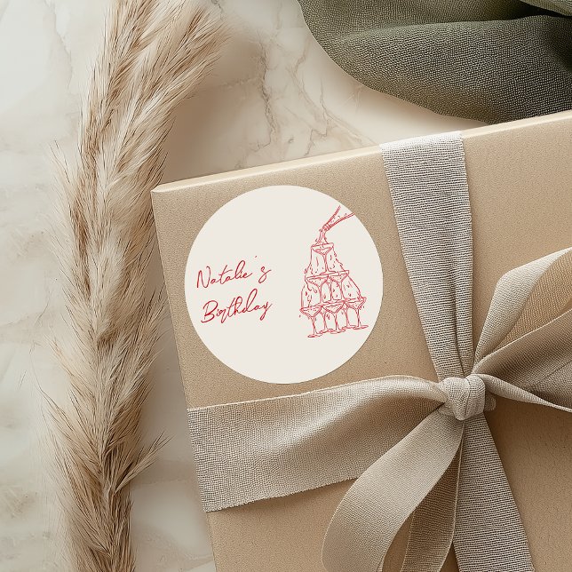 Pegatina Redonda Cumpleaños de la Torre de Champagne Roja Blanca co (Subido por el creador)