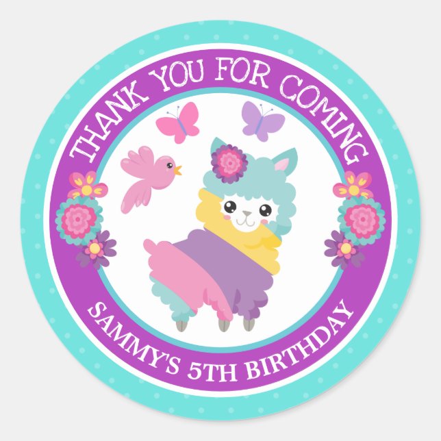 Pegatina Redonda Cumpleaños de Llama de Primavera Arcoíris Floral B (Anverso)