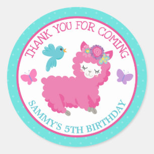 Pegatina Redonda Cumpleaños de Llama Rosa Floral de Primavera Adora