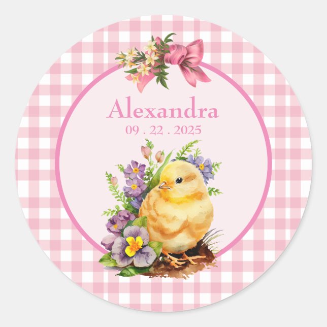 Pegatina Redonda Cumpleaños de los Chicas Pink Gingham (Anverso)