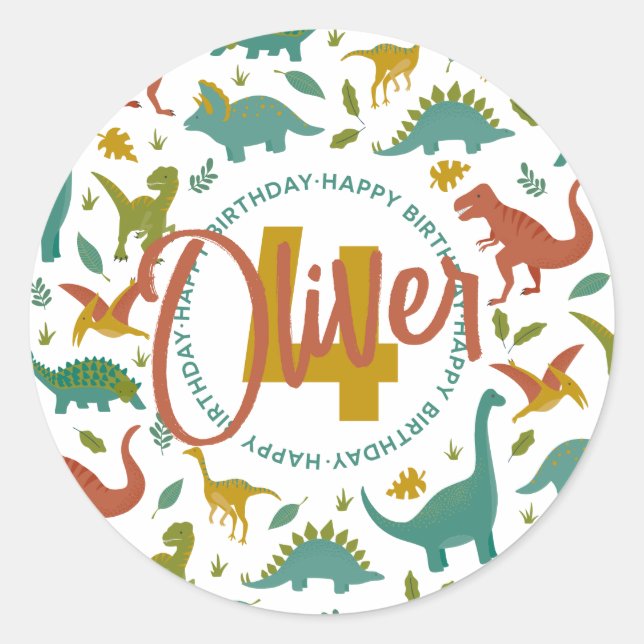 Pegatina Redonda Cumpleaños de los dinosaurios (Anverso)