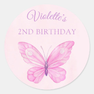Pegatina Redonda Cumpleaños de los niños de mariposas rosadas y mor