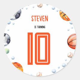 Pegatina Redonda cumpleaños de los niños deportivos de bolas