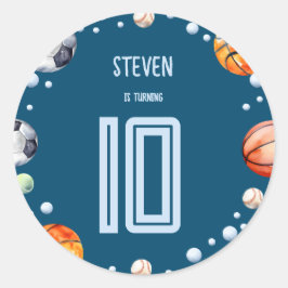 Pegatina Redonda cumpleaños de los niños deportivos de bolas