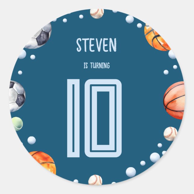 Pegatina Redonda cumpleaños de los niños deportivos de bolas (Anverso)