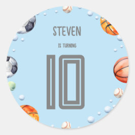 Pegatina Redonda cumpleaños de los niños deportivos de bolas
