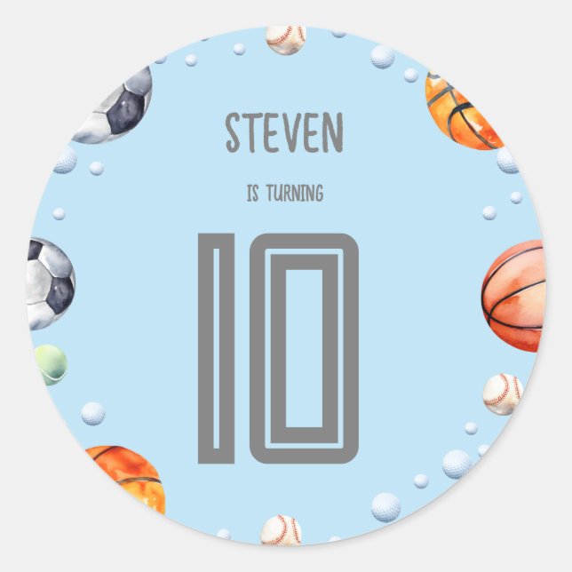 Pegatina Redonda cumpleaños de los niños deportivos de bolas (Anverso)