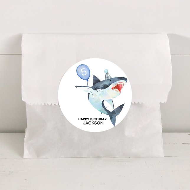Pegatina Redonda Cumpleaños de los tiburones, CUALQUIER EDAD, Jawso (Shark Birthday Stickers, Any age)