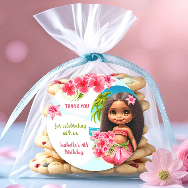 Pegatina Redonda Cumpleaños de Luau chica fiesta de playa tropical (Luau birthday Tropical beach party girl Classic Round Sticker)