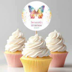 Pegatina Redonda Cumpleaños de Mariposa Arcoíris