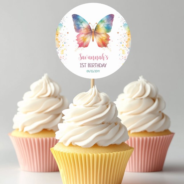 Pegatina Redonda Cumpleaños de Mariposa Arcoíris (Subido por el creador)