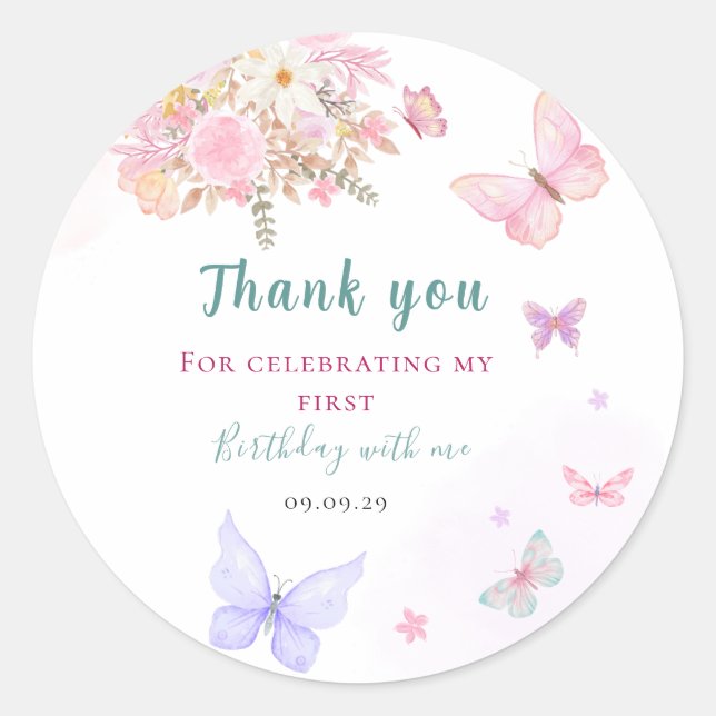 Pegatina Redonda Cumpleaños de mariposa rosa pastelito  (Anverso)