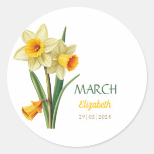 Pegatina Redonda Cumpleaños de Marzo Flor de Nacimiento Daffodil Pe