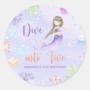 Pegatina Redonda Cumpleaños de Mermaid Girl Dive Into Five 5