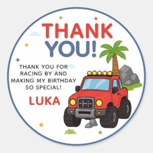 Pegatina Redonda Cumpleaños de Monster Truck Agradecimiento