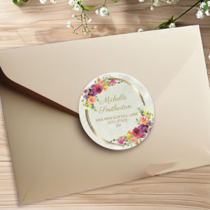 Pegatina Redonda Cumpleaños de mujer con marco dorado floral vintag