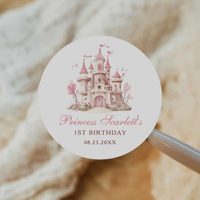 Pegatina Redonda Cumpleaños de niña Castillo de la Princesa Rosa (Subido por el creador)