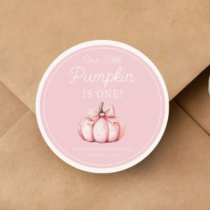 Pegatina Redonda Cumpleaños de niña con calabaza rosa linda
