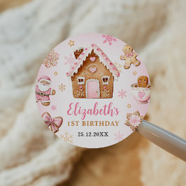 Pegatina Redonda Cumpleaños de niña con casa de jengibre adorable
