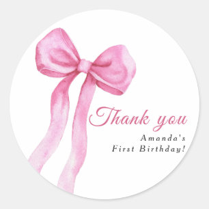 Pegatina Redonda Cumpleaños de niña con lazo rosa acuarela gracias
