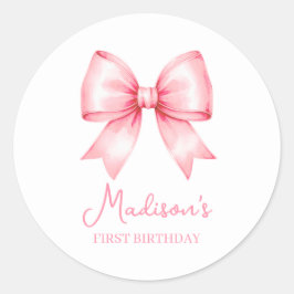 Pegatina Redonda Cumpleaños de niña con lazo rosa lindo