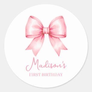 Pegatina Redonda Cumpleaños de niña con lazo rosa lindo