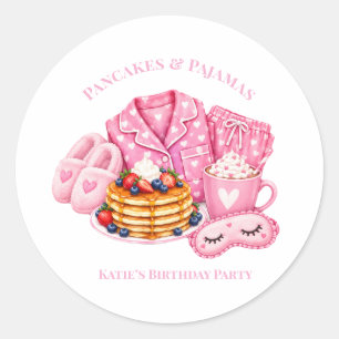Pegatina Redonda Cumpleaños de niña con Panqueques y Pijamas