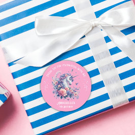 Pegatina Redonda Cumpleaños de niña con unicornio floral rosa púrpu
