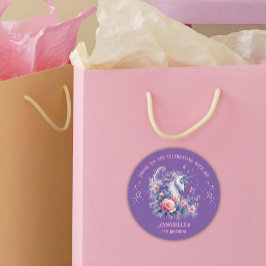 Pegatina Redonda Cumpleaños de niña con unicornio floral rosa púrpu