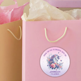 Pegatina Redonda Cumpleaños de niña con unicornio floral rosa púrpu