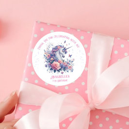 Pegatina Redonda Cumpleaños de niña con unicornio floral rosa púrpu