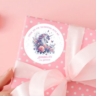 Pegatina Redonda Cumpleaños de niña con unicornio floral rosa púrpu