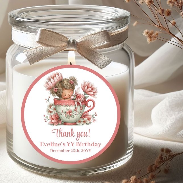 Pegatina Redonda Cumpleaños de niña de flores de hada rosa sonrosad (Whimsical Blush Pink Fairy Flowers Girl Birthday Stickers)
