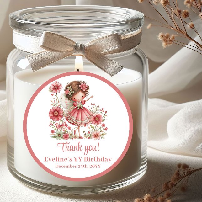 Pegatina Redonda Cumpleaños de niña de flores rosadas hadas caprich (Whimsical Fairy Blush Pink Flowers Girl Birthday Stickers)